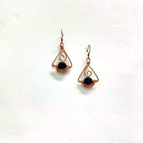 HANDMADE Vintage Faceted Glass Bead HandWrapped Pure Bare Copper Modern Earrings - Picture 7 of 10